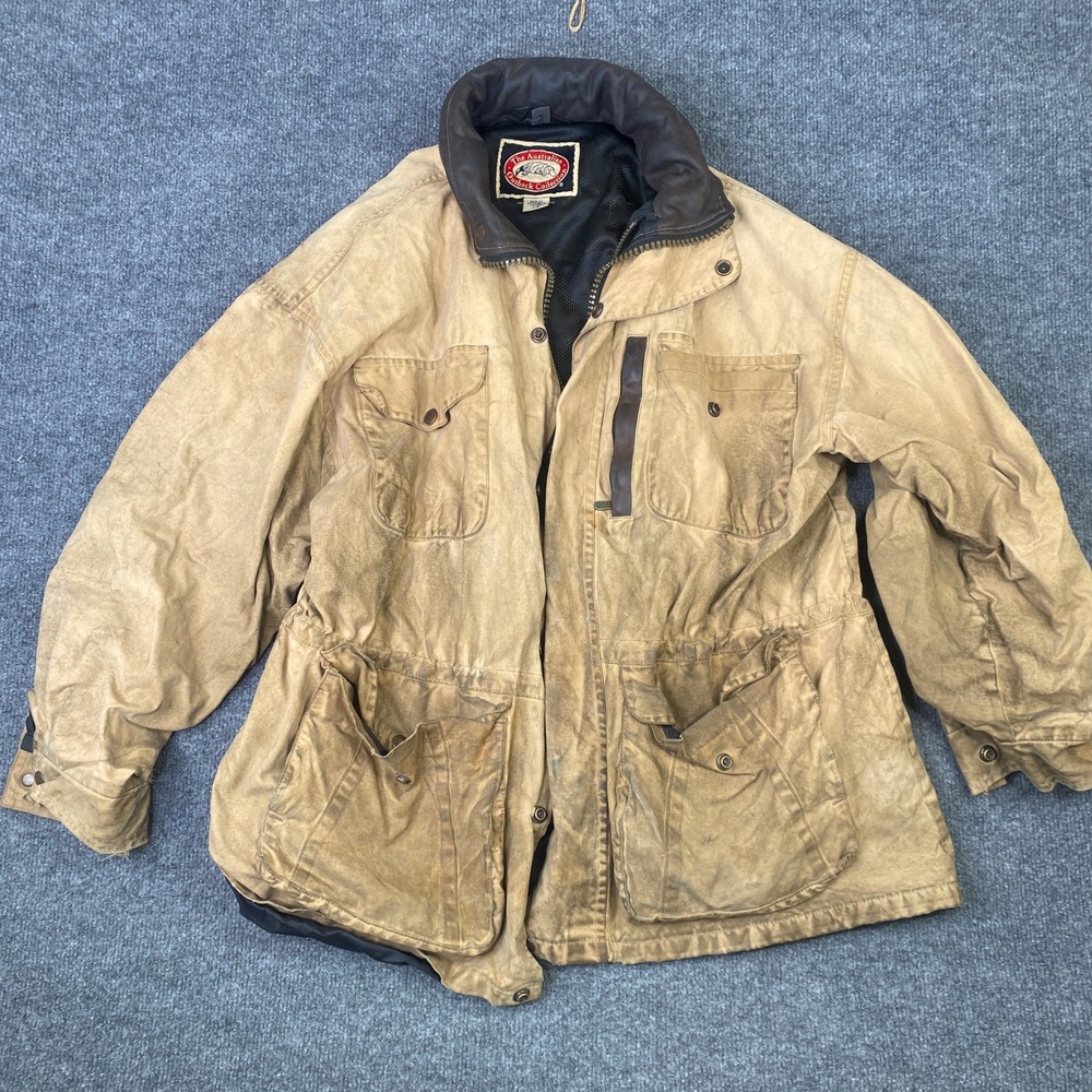 Australian Outback Collection Oilskin Duster Jacket Tan Canvas Leather L VTG